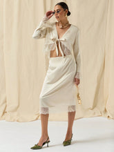 COSMINA Autumn/Winter 2pcs/Set Women Lace Trim Tie Front Long Sleeve Blouse And Skirt Outfit